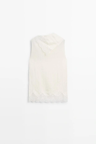 Asymmetric neck top with lace detail- Заказать в России