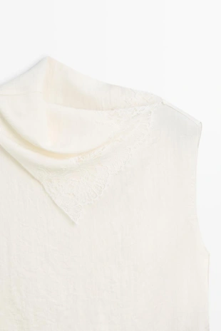Asymmetric neck top with lace detail- Заказать в России