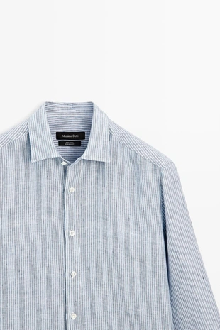 BLUE | 2035/265/400 - Massimo Dutti Рубашка из 100% льна в полоску с разрывами