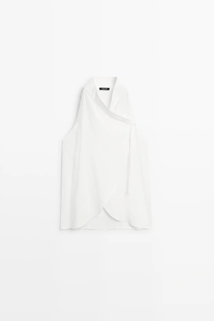 Купить Massimo Dutti Топ из свободного льняного материала с перекрещивающимся воротником-халтер