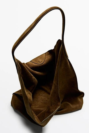 KHAKI GREEN | 6962/635/566 - Massimo Dutti Макси сумка на плечо из замшевой кожи