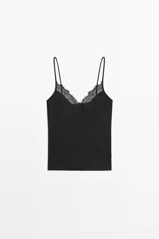 BLACK | 6818/132/800 - Massimo Dutti Топ на тонких бретелях с кружевной отделкой