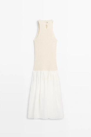 CREAM | 6603/507/712 - Massimo Dutti Скомбинированное платье-миди с воротником-халтер