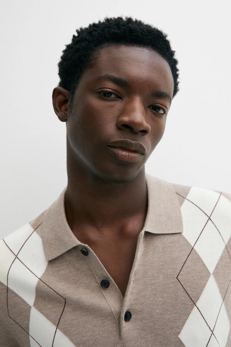 Поло с короткими рукавами из хлопкового трикотажа с ромбовидным узором