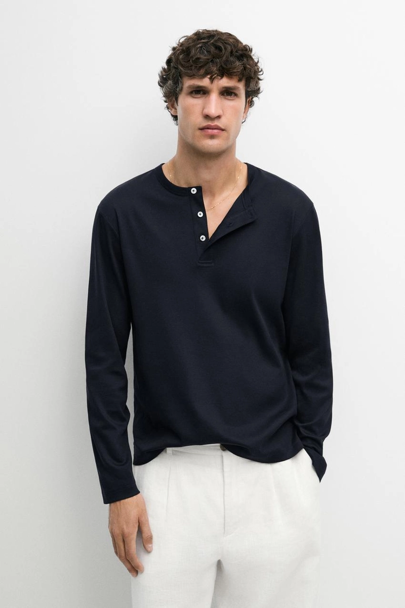 Футболка massimo dutti с длинным рукавом и воротником хенли из 100% хлопка