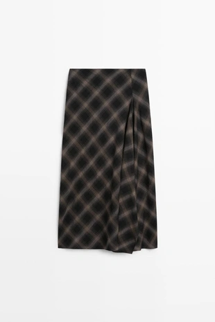 BLACK | 5296/512/800 - Massimo Dutti Юбка-миди в клетку из смеси шерсти и хлопка с разрезом
