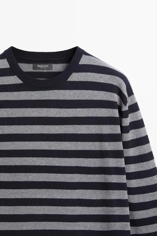 NAVY BLUE | 1463/214/401 - Massimo Dutti Вязаный свитер в полоску из хлопковой смеси