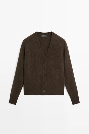 BROWN | 5933/589/700 - Massimo Dutti Вязаный кардиган с V-образным вырезом из шерстяной смеси