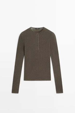 Футболка с длинным рукавом henley из хлопка и кашемира- Заказать в России