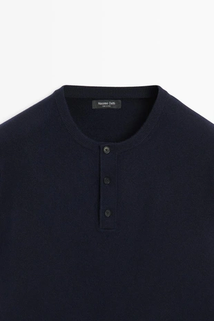 NAVY BLUE | 1492/226/401 - Massimo Dutti Свитер из шерстяной смеси с воротником-хенли