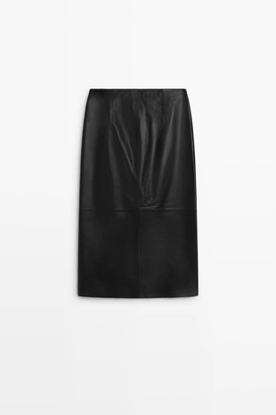 BLACK | 5301/801/800 - Massimo Dutti Миди-юбка-карандаш из кожи наппа с молнией
