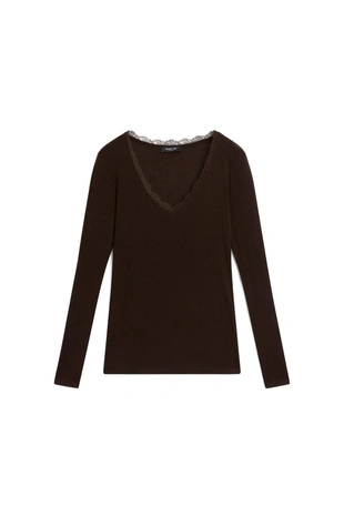 Купить Massimo Dutti Футболка с длинным рукавом и кружевной отделкой