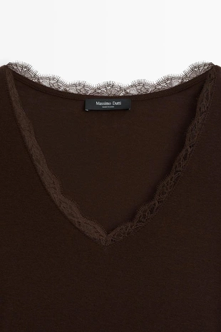 BROWN | 6874/575/700 - Massimo Dutti Футболка с длинным рукавом и кружевной отделкой