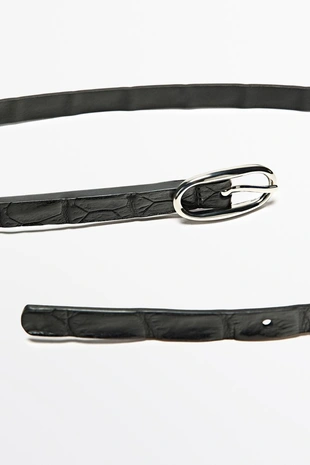 BLACK | 6108/694/800 - Massimo Dutti Кожаный ремень с овальной пряжкой и текстурированной отделкой