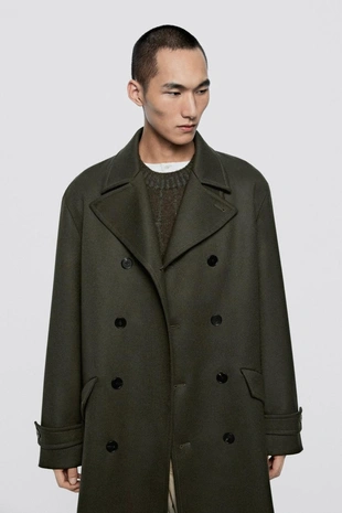 GREEN | 3506/880/500 - Massimo Dutti Двубортное длинное пальто - ограниченная серия