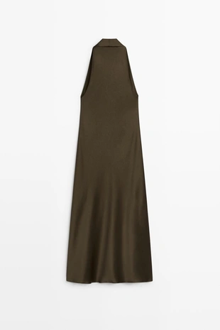 GREEN | 6630/512/527 - Massimo Dutti Сатиновое миди-платье с драпировкой